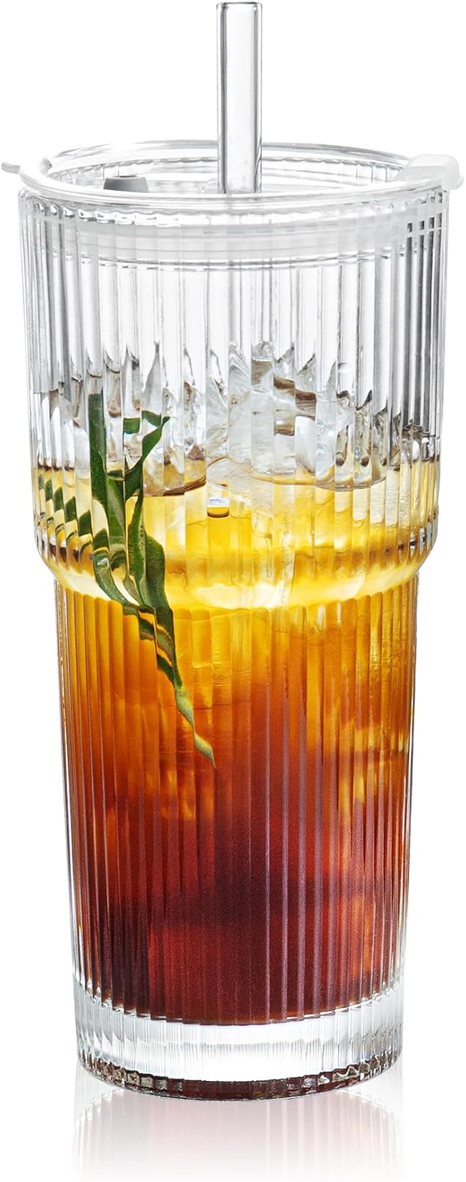 Puraville Glass Cups with Lids and Straws, 20oz, Ribbed Pattern | Reusable Thick Iced Coffee Tumblers for Juice Cold Drinks, Leak Proof Glassware for Summer by Puraville