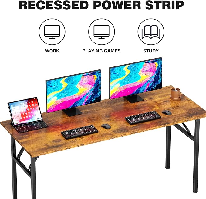 DlandHome 62 Inch Large Folding Computer Desk, Fully Assembled, Retro | Foldable Writing Table for Bedroom Dorm, Conference Table for Home Office, Wood Top Metal Frame, Collapsible Easy Storage - Image 5
