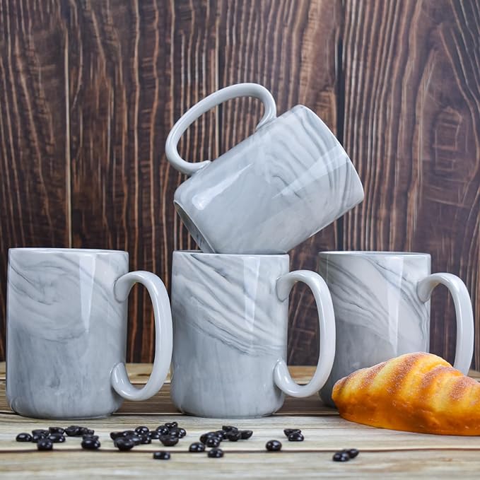 Coffee Mugs Set of 4,16 OZ Large Marble Ceramic Tea Cups with Big Handle,Bulk Grey Marble Mugs Set for Latte, Beer,Cappuccino,Microwave Dishwasher Safe Cup for Men Women Gift