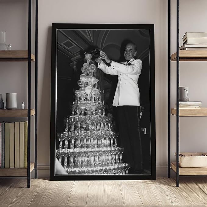 Champagne Tower 1920s, Pouring Over Stacked Glasses Black And White , Alcohol Poster, Bar Cart , Retro Wall Decor Canvas Poster Bedroom Decor Sports Landscape Office Room Decor Gift Black Frame 08x12i - Image 4