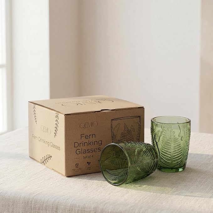 Green Drinking Glasses Set of 4, 10 oz Glass Cups, Vintage Fern Glassware | Hand-Pressed, Dishwasher Safe, Boho Leaf-Textured Drinkware, Embossed Lowball Tumblers for Water, Retro Kitchen Gift - Image 6