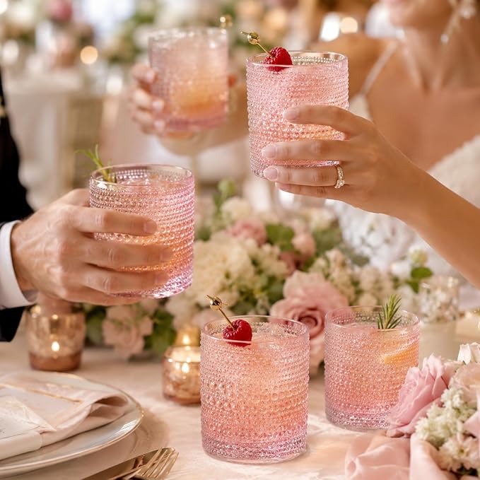 Khen Hobnail Beaded Highball Drinking Tumbler Glasses | Set of 6 | Pastel Pink Color, Vintage Bubble Design Whiskey Glassware, Rocks Glasses - Image 7