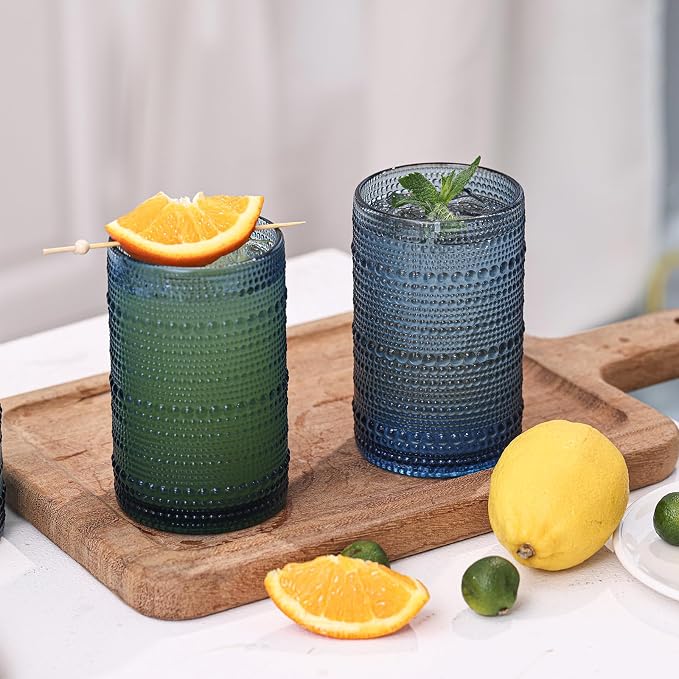 Moretoes Large 15oz Blue Hobnail Drinking Glass Set of 12 | Vintage Glassware,Embossed Glass Cups,Water Tumbler,Highball Glasses For Beer, Juice And Various Mixed Drinks - Image 4