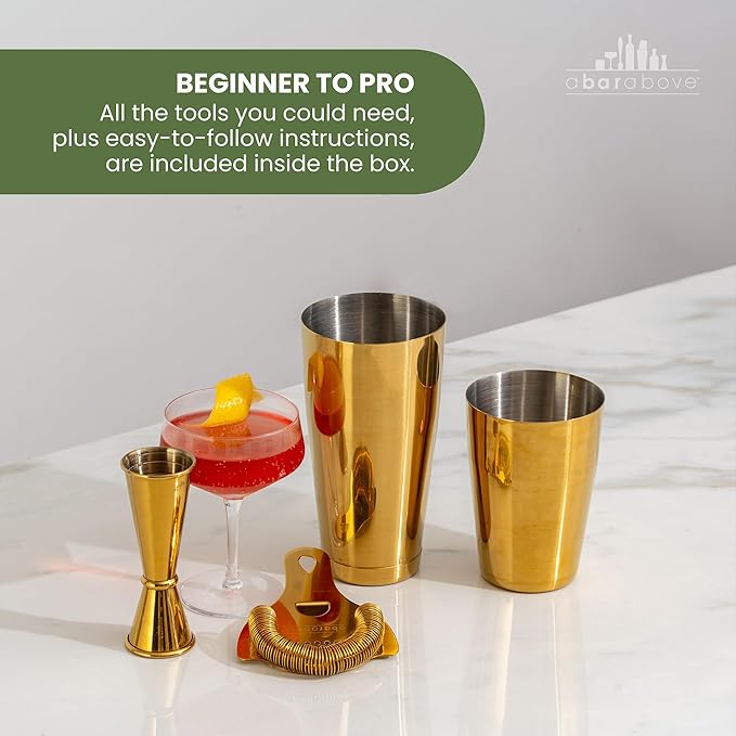 A Bar Above Cocktail Shaker Set, 4-Piece Professional Bartender Kit with Boston Shaker, Strainer, Jigger, and Bar Spoon, Stainless Steel Bar Accessories for Craft Cocktails, Silver