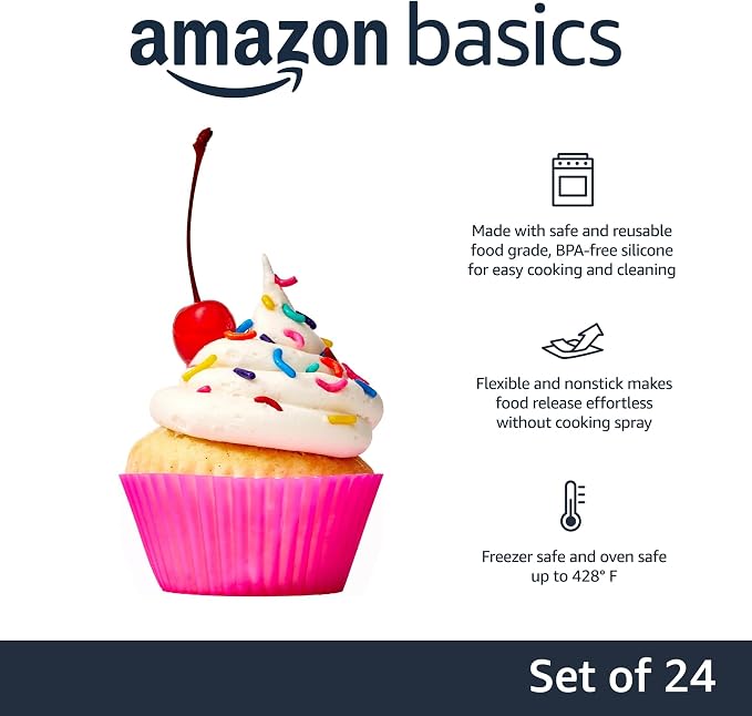 Amazon Basics Reusable Non-Stick Silicone Baking Cups, BPA Free, Dishwasher Safe, Easy to Remove, Food Grade, Oven Safe, 2.9 x 2.9 x 1.3 in (LxWxH), Multicolor, 24-Pack - Image 2