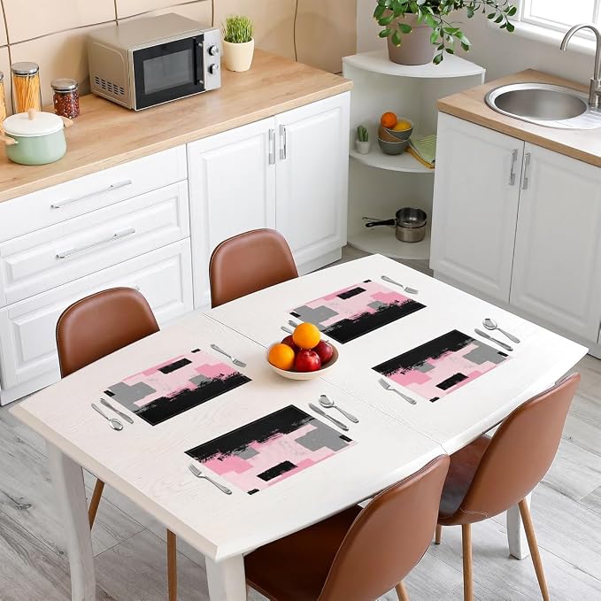 Feelyou Pink Black Grey Placemats Set of 4 for Kids Boys Girls Abstract Placemat for Kitchen Dining Table Decor Indoor Outdoor 18"x12" Ombre Modern Table Place Mats, Decor Buffalo Check - Image 3