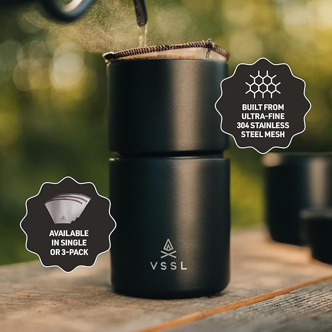 VSSL – Nest #1 Reusable Coffee Filter | Stainless Steel Mesh Filter | Pour Over Filters for Camping | Sustainable & Eco-Friendly Coffee Gear | Compact, Durable & Adventure Ready | Pack of 3