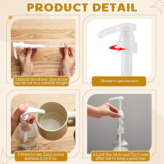 Nuogo 5 Pcs Coffee Syrup Pump Compatible with Monin 750ml (25.4 Fl Oz) Glass Bottles White Flavor Syrup Pump Dispenser with Tip Covers