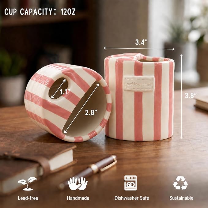 Ceramic Coffee Mug with Sip Hole, 12oz Striped Ceramic To Go Coffee Cup, Cute Aesthetic Mug for Espresso Latte Cappuccino, Handmade Glazed Cup for Home Office Gift Use, Pink - Image 5