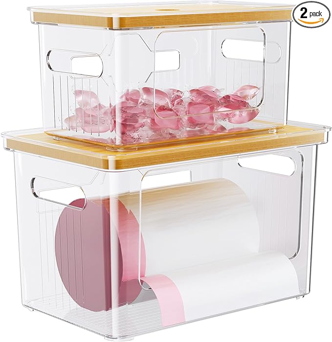 Delamu 2 Pack (XL+S) Trash Bag Dispenser, Stackable Garbage Bag Holder | Clear Acrylic Organizer Bins for Under Sink Organization, Pantry Storage, Cabinet, Kitchen, Laundry, Bathroom by DELAMU