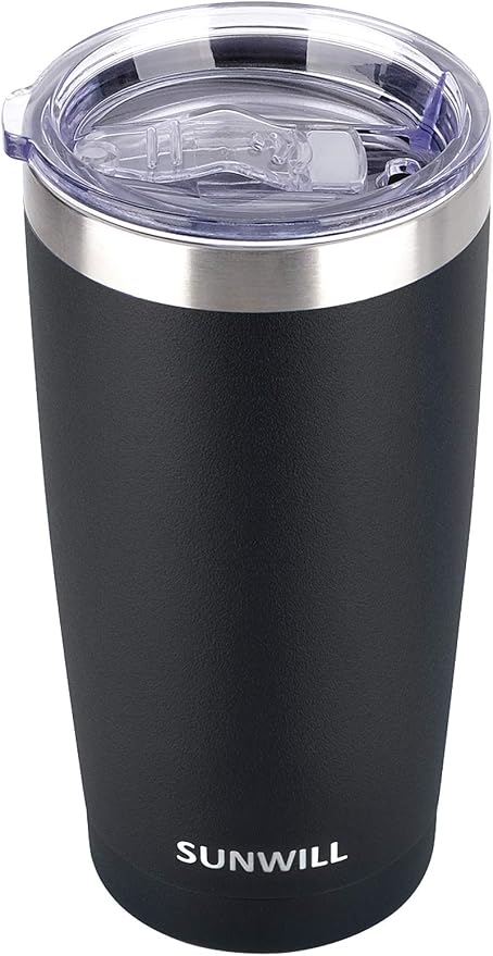 SUNWILL Travel Coffee Tumbler 20 oz, Insulated Mug with Lid, Stainless Steel Cup for Outdoor, Powder Coated Black by SUNWILL