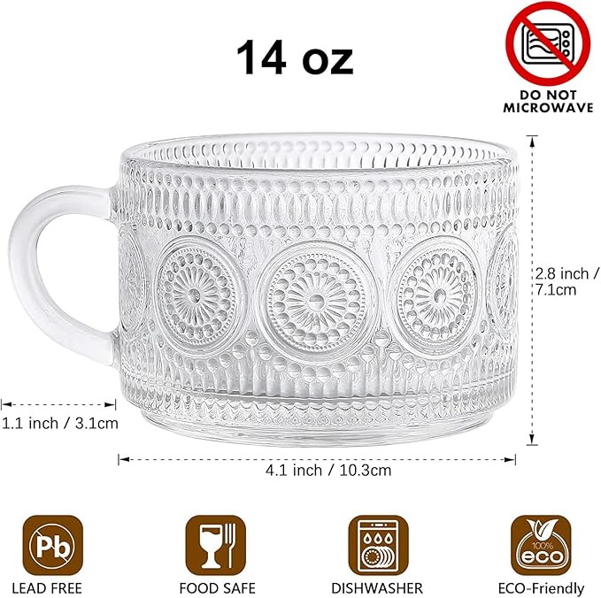 Vintage Coffee Tea Cups, Glass Mugs 14 Oz Set of 2 Embossed Glassware with Handle, for Cappuccino, Latte, Cereal, Yogurt, Beverage Hot/Cold, Milk