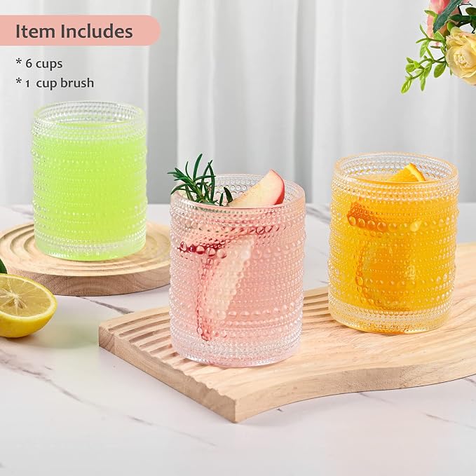 ZMOWIPDL Drinking Glasses Set of 6,12oz Clear Hobnail Glass Cups | Vintage Glassware，Embossed Water Tumbler,for Beer,Cocktail,Whiskey,Juice and Various Mixed Drinks- 1 Cleaning Brush - Image 5