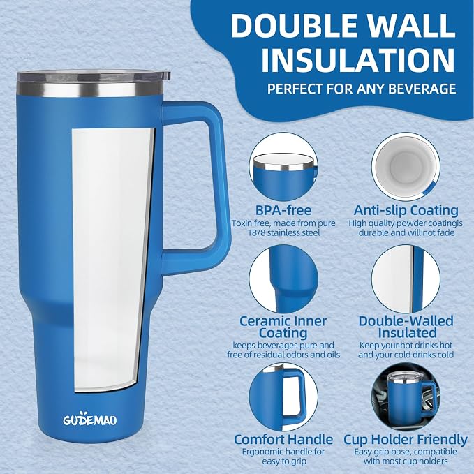 40 oz Insulated Coffee Mug with Ceramic Coating, Stainless Steel Travel Mug Tumbler with Handle Lid and Straw, Double Wall Leak-Proof Coffee Travel Mug Keeps Drink Hot and Cold (Blue) - Image 3