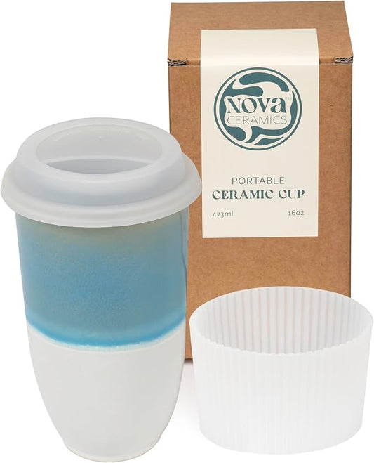 NOVA CERAMICS Travel Coffee Tumbler – Travel Mug - On the Go Coffee Mug – Microwave & Dishwasher Safe Green CoffeeTumbler - Gifts For Women Men Him Her – 16oz – Lagoon by NovaCeramics