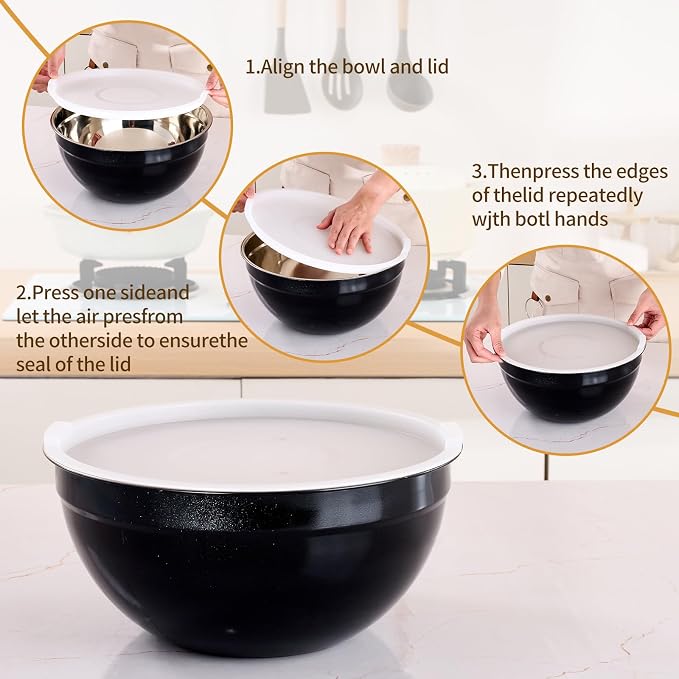 Black Mixing Bowls with Airtight Lids, Stainless Steel Nesting Mixing Bowls Set of 7, Ideal for Baking, Prepping and Serving Food, Size 7, 3.6, 2.7, 2.1, 1.5, 1.1,0.8 QT, Stackable Design - Image 3