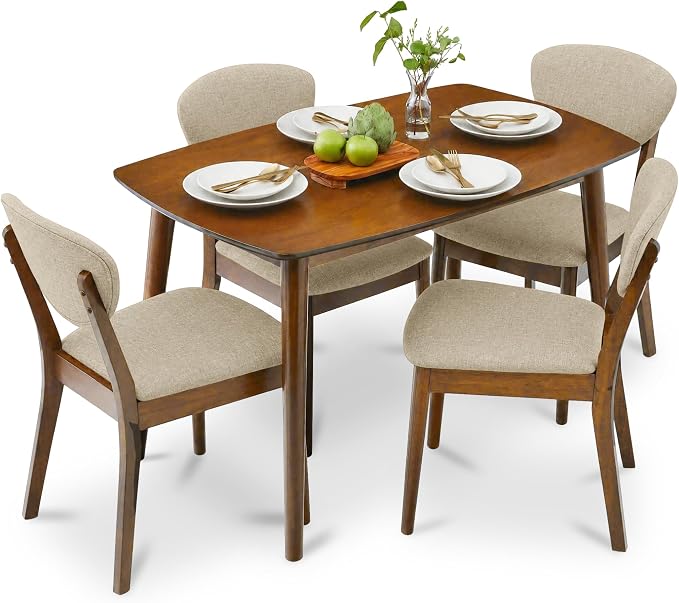 Best Choice Products 5-Piece Dining Set, Compact Mid-Century Modern Table & Chair Set for Home, Apartment w/ 4 Chairs, Padded Seats & Backrests, Wooden Frame - Walnut/Oatmeal by BestChoiceProducts