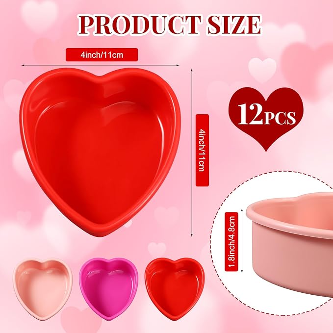 12 Pcs Mother's Day Heart Shaped Cake Pans Pink Red Silicone Mini Heart Cake Mold Nonstick Dessert Pan Chocolate Baking Tray Bakeware for Mother's Day Birthday Cupcake Muffin Tool(Multicolor,4'') - Image 2