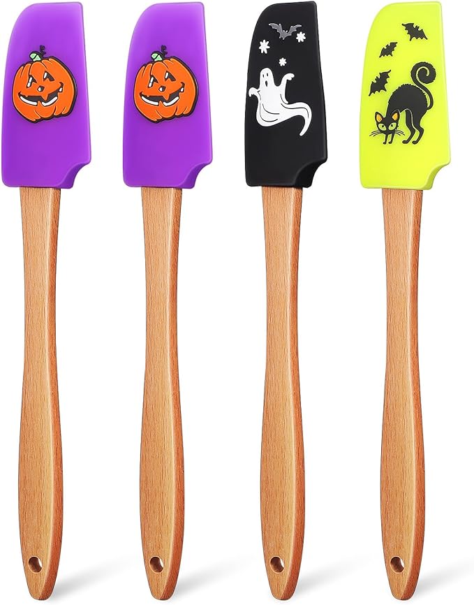 Silicone Cake Icing Spatula Set Wooden Handle Non-Stick Surface Halloween Baking Tools Kitchen Utensils for Home and Bakery (Ghost Pumpkin Spider Pattern)