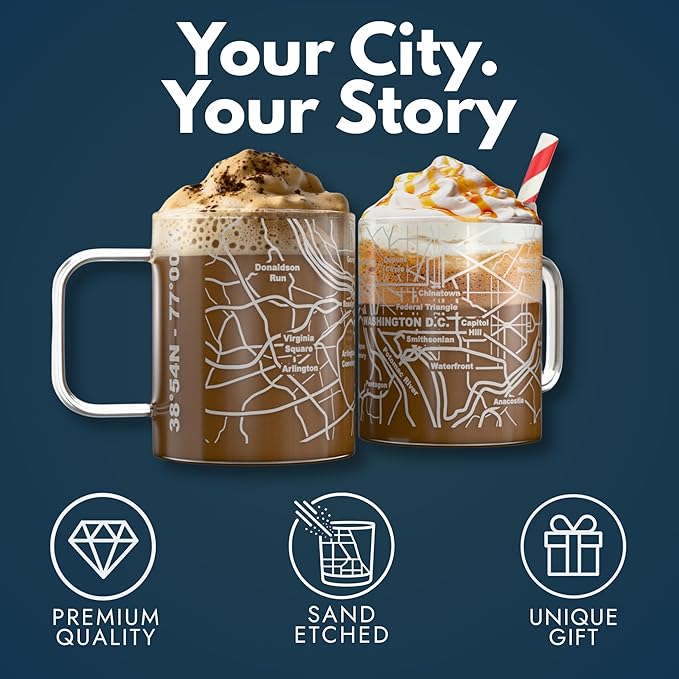Greenline Goods – Washington, DC Map Glass Coffee Mugs (Set of 2), 16 oz – Etched Wrap Design