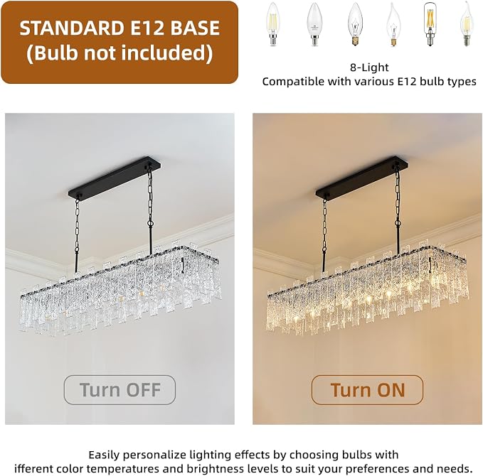 Modern Rectangular Crystal Chandelier, L47 inch Black Rectangle Water Ripple Glass Chandeliers Lighting, 8 Lights Linear Pendant Light Fixture for Kitchen Island, Living Room, Adjustable Hight - Image 7