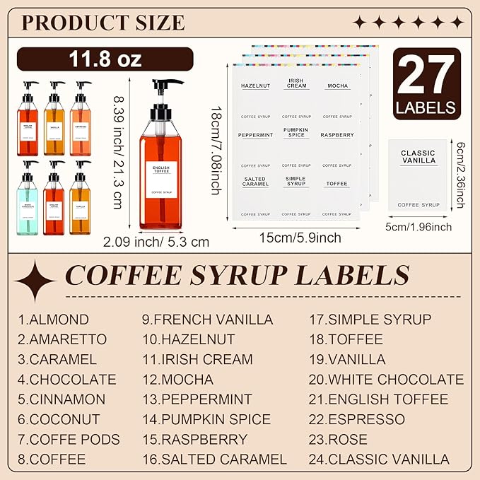 Nuogo 6 Pcs Coffee Syrup Dispenser Set 300ml, 500ml, 750ml Black Syrup Bottles with Pump Dispenser 27 Labels Kitchen Accessories(11.8 oz)