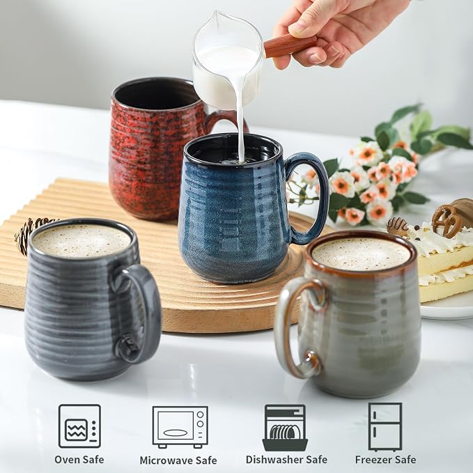 HASENSE Coffee Mugs Set of 4, 15 Oz Stoneware Coffee Cups with Large Handle, Colorful Rustic Mug Set for Coffee, Tea, Coco, Latte, Dishwasher and Microwave Safe - Image 4