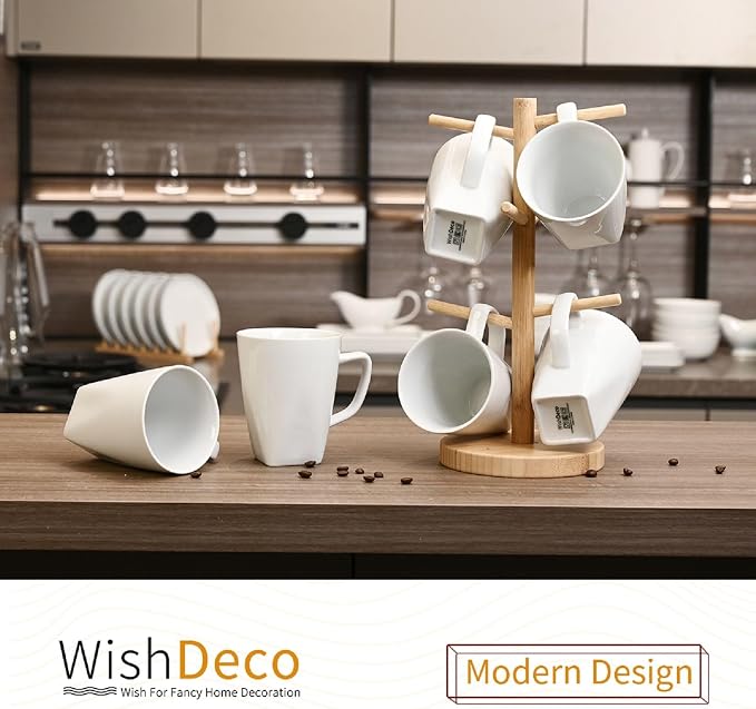 WishDeco White Coffee Mugs Set of 6, Ceramic Coffee Cups 14 oz, Modern Tea Mugs, Porcelain Tea Cups, Large Mug for Latte, Cappuccino, Milk, Juice, Cocoa, Square Bottom, Microwave and Dishwasher Safe - Image 5