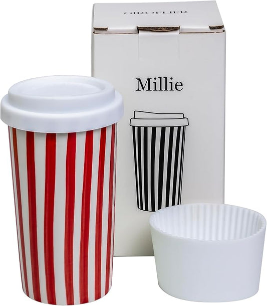 Ceramic Travel Mug with Lid (12 oz) – Stylish Coffee Cup for Women & Men, Microwave & Dishwasher Safe, Spill-Resistant To Go Tumbler, Fits Car Cup Holder (Red) by Giroflier