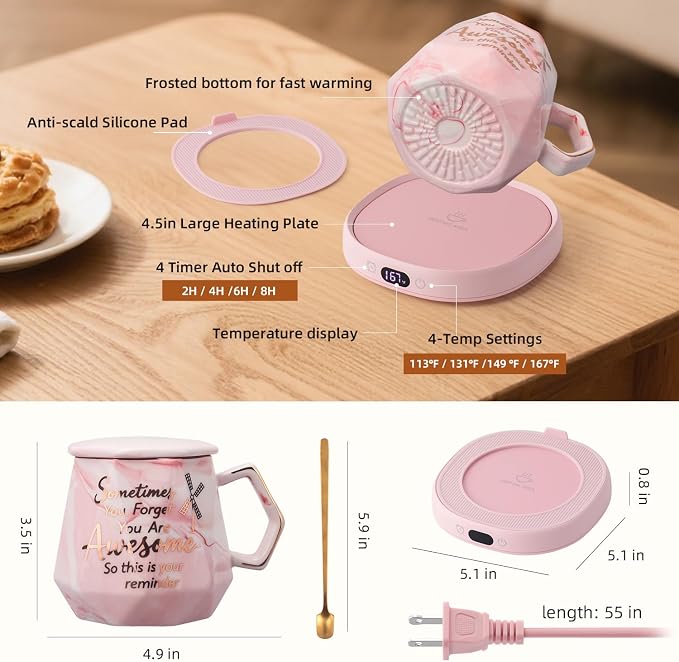 Coffee Mug Warmer Set Smart Electric Heated Cup Beverage Tea Candle Plate | You are Awesome Pink Mug Electric Warmer Set for Office Desk, 4 Temperature Control 8 Hrs Auto Shut Off, Ideal Gift for Women - Image 8