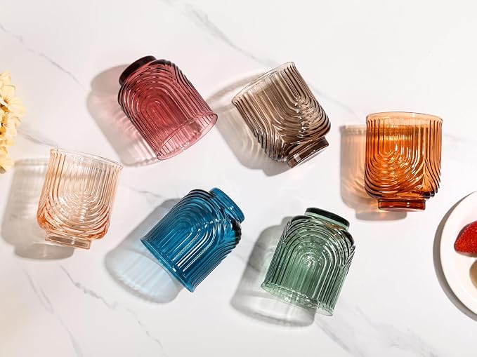 Colored Vintage Drinking Glasses Set of 6-15oz Hand-Blown Highball Ribbed Glassware, Arch Design Cocktail Glasses for Whiskey Water Beverages Ice Coffee Juice Milk - Image 8