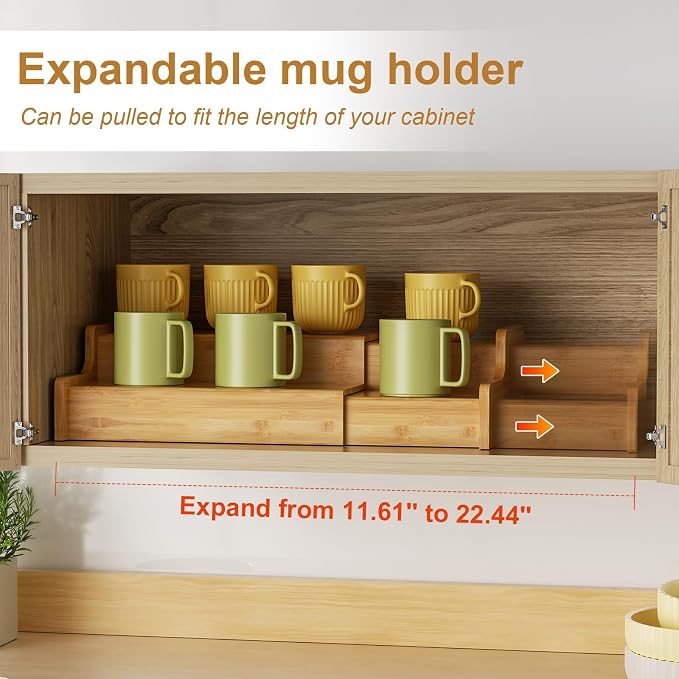 Hongtamoya 2-Tier Expandable Bamboo Coffee Mug Holder, Mug Organizer for Kitchen Cabinets, Mug Cup Rack, Multi-Functional Cup Holder Shelf, Coffee Bar Organizer, Home - Image 2
