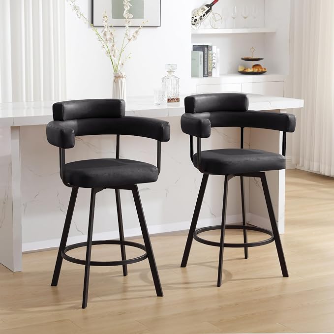 Flouki Swivel Bar Stools with Backs and Arms, Modern Faux Leather Counter Stools Set of 4 for Kitchen Island, 26" Upholstered Counter Height Bar Stools for Kitchen Counter, Dining Room, Black - Image 5