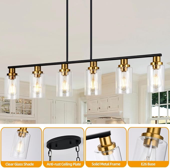 Island Light for Kitchen, 6-Light Farmhouse Dining Room Light Fixture with Clear Glass Shade, 44.3'' Matte Black and Gold Linear Chandelier Pendant Lighting for Dining Table Kitchen Living Room - Image 4