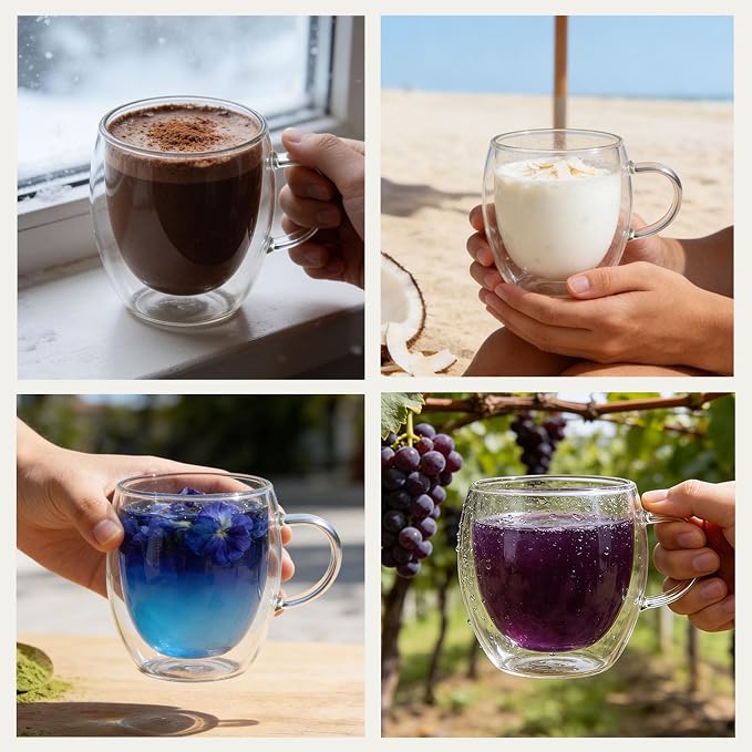 DINGPAI 4 Pack Double Wall Glass Coffee Mugs, 8oz Borosilicate Glass Mug | Heat-resistant, Cappuccino Espresso Tea Latte Cup with Handle, 4 Spoons for Stirring Beverages in Bar, Cafe, or at Home - Image 8