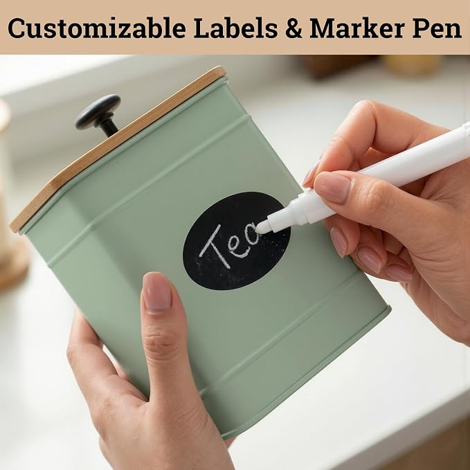 Kitchen Canisters for Countertop Set of 4 w/ Chalkboard Labels & Marker Pen | Airtight Easy Open Bamboo Lids, Dent-Resistant Thick Metal, Customizable Chalkboard Labels, Marker Pen Included, Set of 4 - Image 5