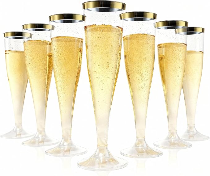 Bestluck 100 Pack 4.5 oz Gold Glitter Champagne Flutes Plastic | Plastic Disposable Stemware with Gold Rim, Disposable Champagne Flutes for Party, Mimosa Bar, Wedding, Anniversary by Bestluck