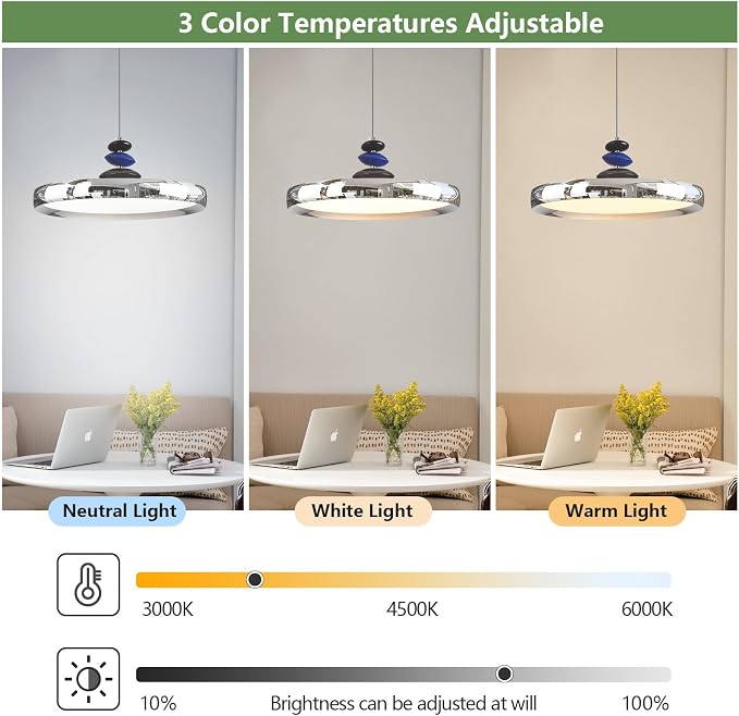 Modern Pendant Lights,Chrome 16" LED Pendant Lighting Fixture with Remote Control Dimmable 3 Color Mode & Brightness, Adjustable Hanging Lamp for Kitchen Dining Room Bedroom Kitchen Island - Image 8