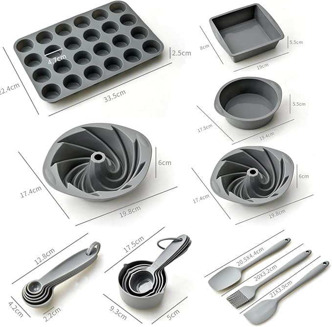 Baking Pans Set Non Stick, 18 PCS Silicone Bakeware Sets Non Toxic with Square/Round Cake Pan, Cupcake Molds, Spatula, Baking Brush and Measuring cups, Heat Resistant, Dishwasher Safe, Gray