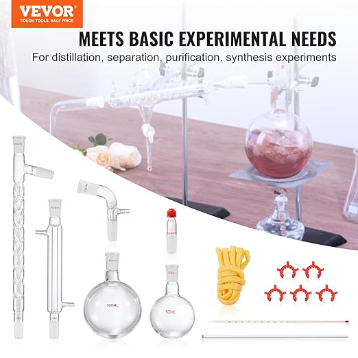 VEVOR Laboratory Distillation Set, 3.3 Borosilicate Glass Equipment with 24/40 Joint, 1000ml Capacity for Essential Oil Extraction, 14-Piece Glassware Kit - Image 2