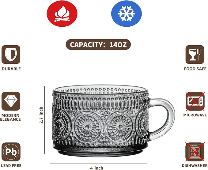 Gezzeny Vintage Glass Coffee Mugs 14 Oz Set of 2 Gray Embossed Tea Cups for Cappuccino, Latte,Cereal, Yogurt, Beverage Hot/Cold Mother's Father's Day Gifts - Image 7
