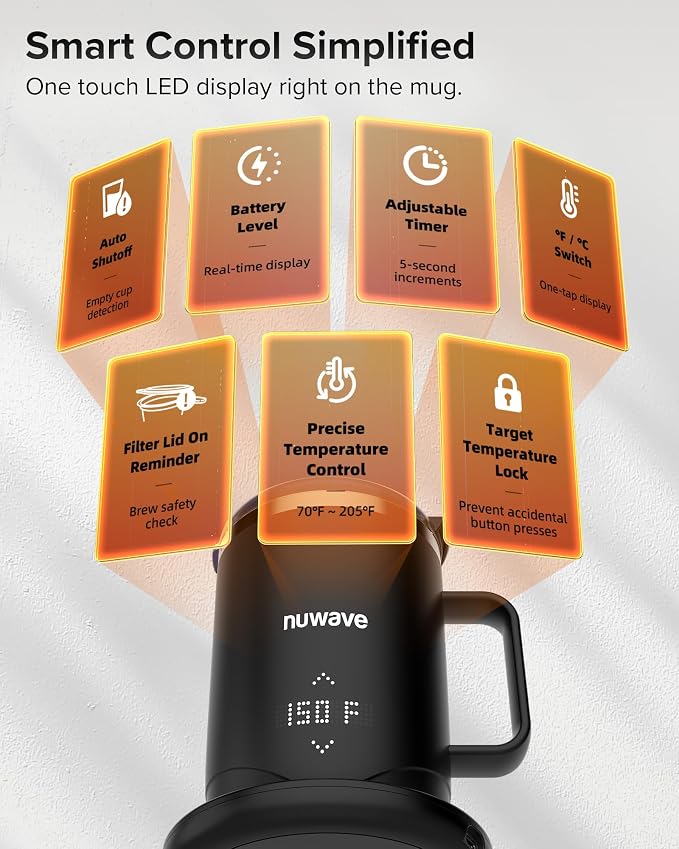 Nuwave Self-Heating Coffee Mug with Charging Base, 16oz, 45201BV02 | Heated Coffee Cup, 5Hr Cordless Runtime, LED Touch Controls, Adjustable Brew Settings, Includes Stainless Steel Filter - Image 8