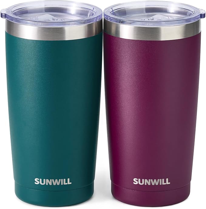 SUNWILL Travel Coffee Mug with Lid, 20 oz Tumbler Set of 2, Insulated Stainless Steel Cup for Drinks， Water, Tea, Powder Coated Forest Green & Plum by SUNWILL