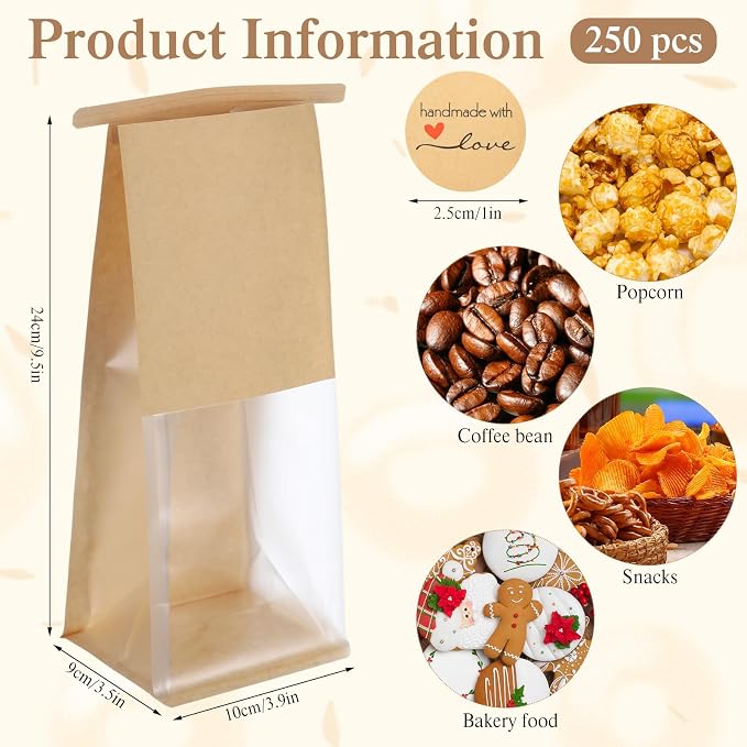 Fullhawl 250 Pcs Bakery Bags with Window, Kraft Paper Cookie Bags with Tin Tie for Sourdough, Pastry, Homemade Baked Goods, Storage Packaging (9.5 x 3.9 x 3.5 Inch) - Image 4