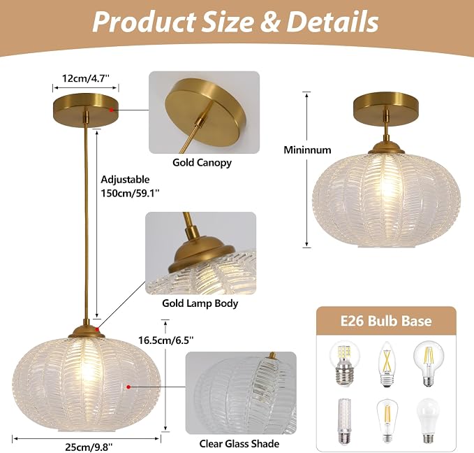 KCO Lighting Clear Ribbed Glass Pendant Light Vintage Brass Gold Pendant Lighting Large Globe Pendant Lights Kitchen Island Mid Century Modern Hanging Light for Living Room - Image 2
