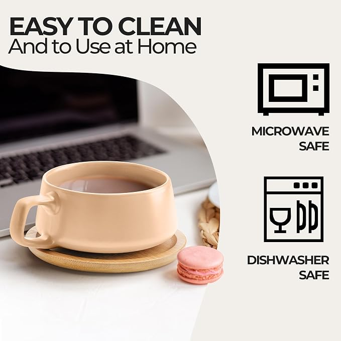 MIAMIO - Cappuccino Cup Set of 4, Ceramic (11oz) - Luxe (Beige Pastel) | Ceramic cappuccino cups and saucers, wide latte cups and mugs for Americano, 4-piece set of ceramic cups, dishwasher safe - Image 4