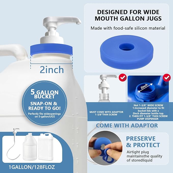 5 Gallon Bucket Pump Dispenser, Gallon Bucket Syrup Jug Bottle Water Pumps with 50cm Long Silicon Hose for Larger Laundry Detergent Pump Dispenser Shampoo Soap Conditioner Oil Bleach Liquid 38/400