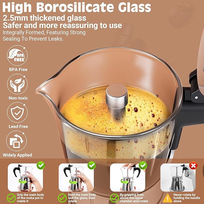 Induction Moka Pot, 9 Cups (15.9 oz) Crystal Glass-Top & Stainless Steel Moka Pot, Classic Stovetop Espresso Maker, Silver