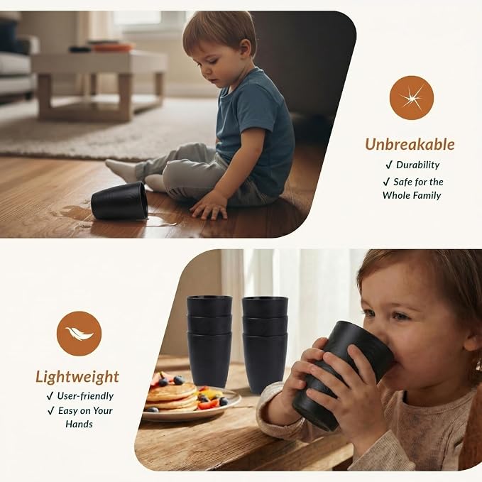 Homienly Wheat Straw Drinkware 12oz Unbreakable Drinking Glasses 6-Piece Stackable Kithen Cups Dishwasher and Microwave Safe Cups for Everyday Family Meals, Entertaining-Black - Image 5