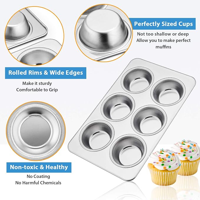 E-far Muffin Pan Set of 4, Stainless Steel Muffin Pan Tin for Baking, 6-Cup Metal Cupcake Pan Tray, Non-toxic & Healthy, Oven & Dishwasher Safe, Regular Size - 11.44 x 7.12 x 1.25 Inch - Image 3